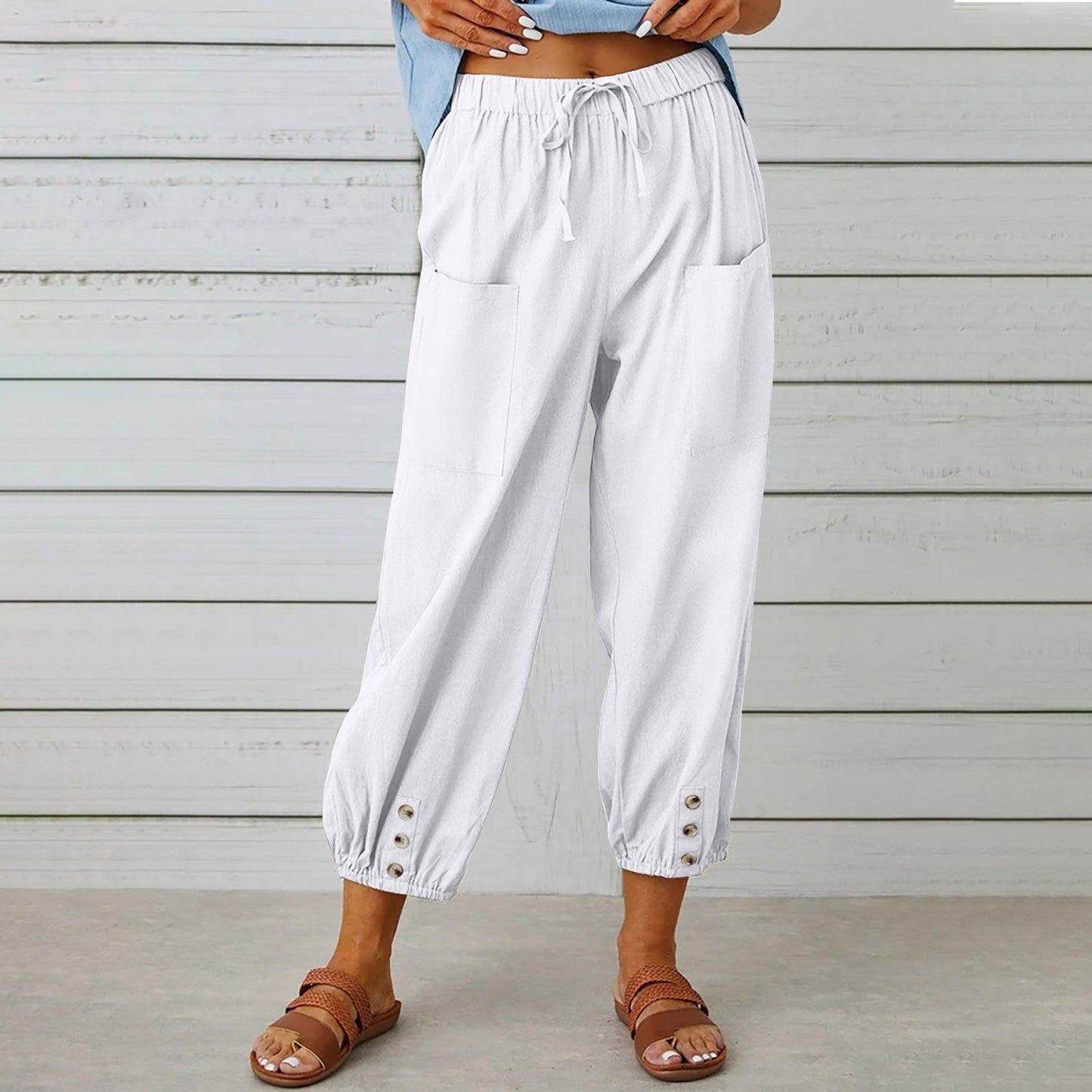 Women Drawstring Tie Pants With Pockets Button - Mugs and Threads