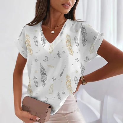 Women's 3D Feather Print V-Neck Tee – Trendy Y2K Fashion - Mugs and Threads 