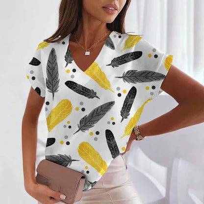 Women's 3D Feather Print V-Neck Tee – Trendy Y2K Fashion - Mugs and Threads 