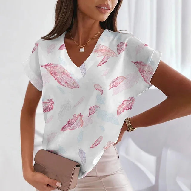 Women's 3D Feather Print V-Neck Tee – Trendy Y2K Fashion - Mugs and Threads 