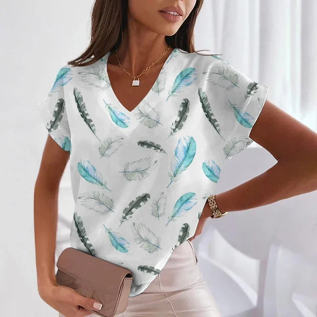 Women's 3D Feather Print V-Neck Tee – Trendy Y2K Fashion - Mugs and Threads 
