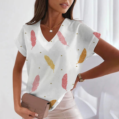 Women's 3D Feather Print V-Neck Tee – Trendy Y2K Fashion - Mugs and Threads 