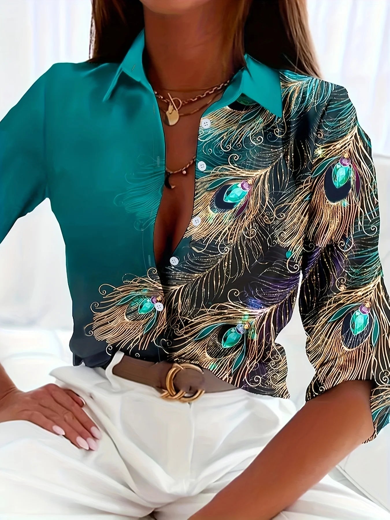 Women's Vintage Peacock Print Oversized Shirt – Elegant & Trendy for Fall - ( 2XL- 5XL) - Mugs and Threads 