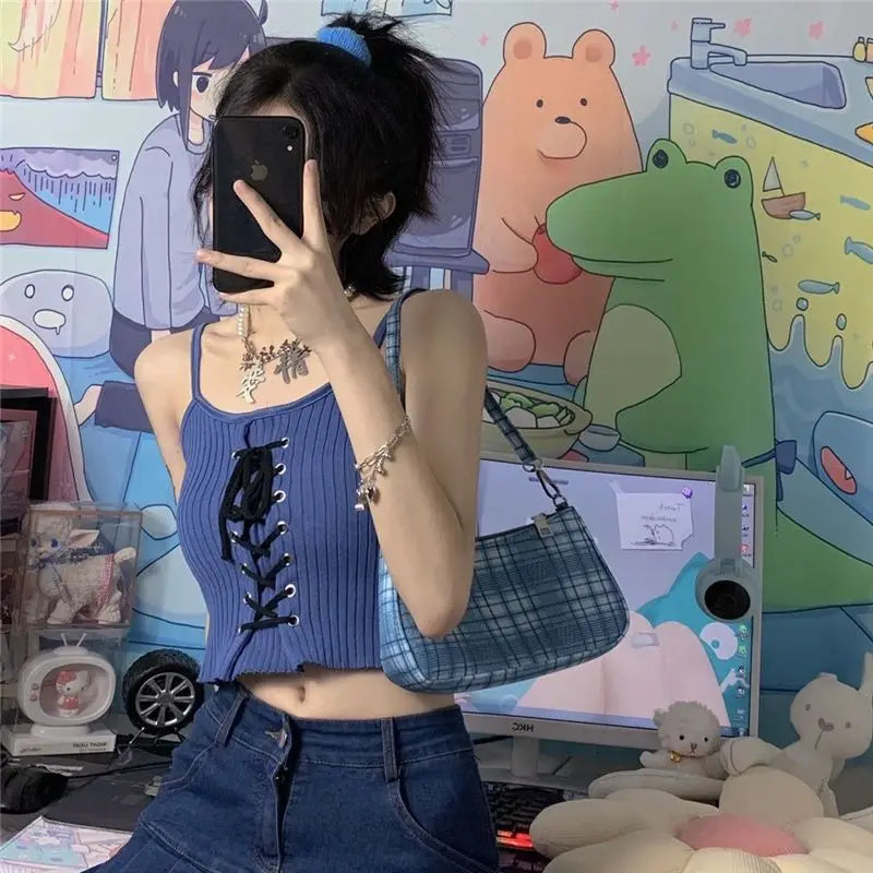 Y2K Kawaii Backless Knit Crop Top – Cute & Trendy 2000s Style - Mugs and Threads 