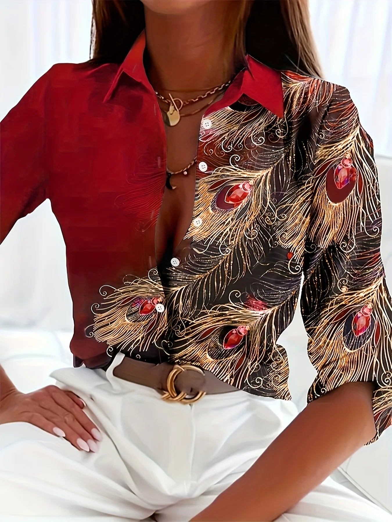Women's Vintage Peacock Print Oversized Shirt – Elegant & Trendy for Fall - ( 2XL- 5XL) - Mugs and Threads 