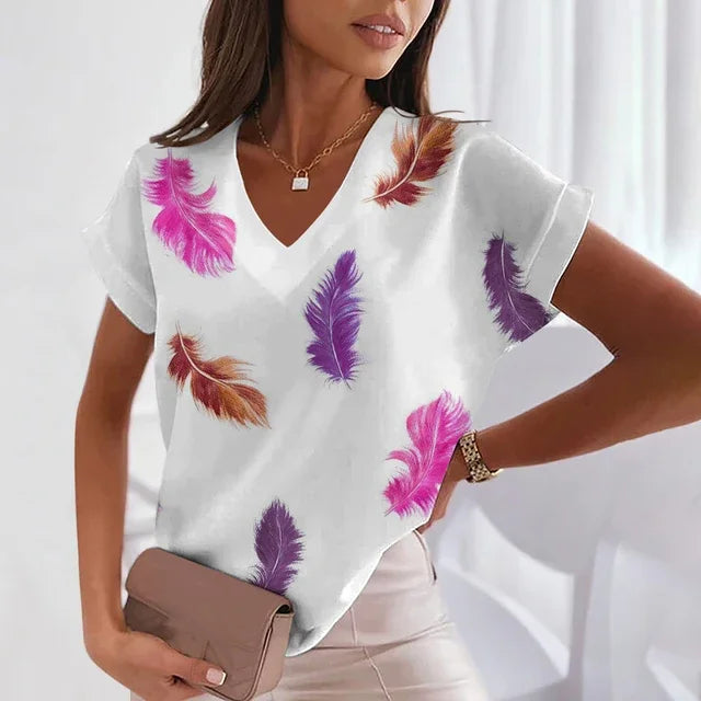 Women's 3D Feather Print V-Neck Tee – Trendy Y2K Fashion - Mugs and Threads 