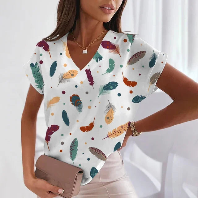 Women's 3D Feather Print V-Neck Tee – Trendy Y2K Fashion - Mugs and Threads 