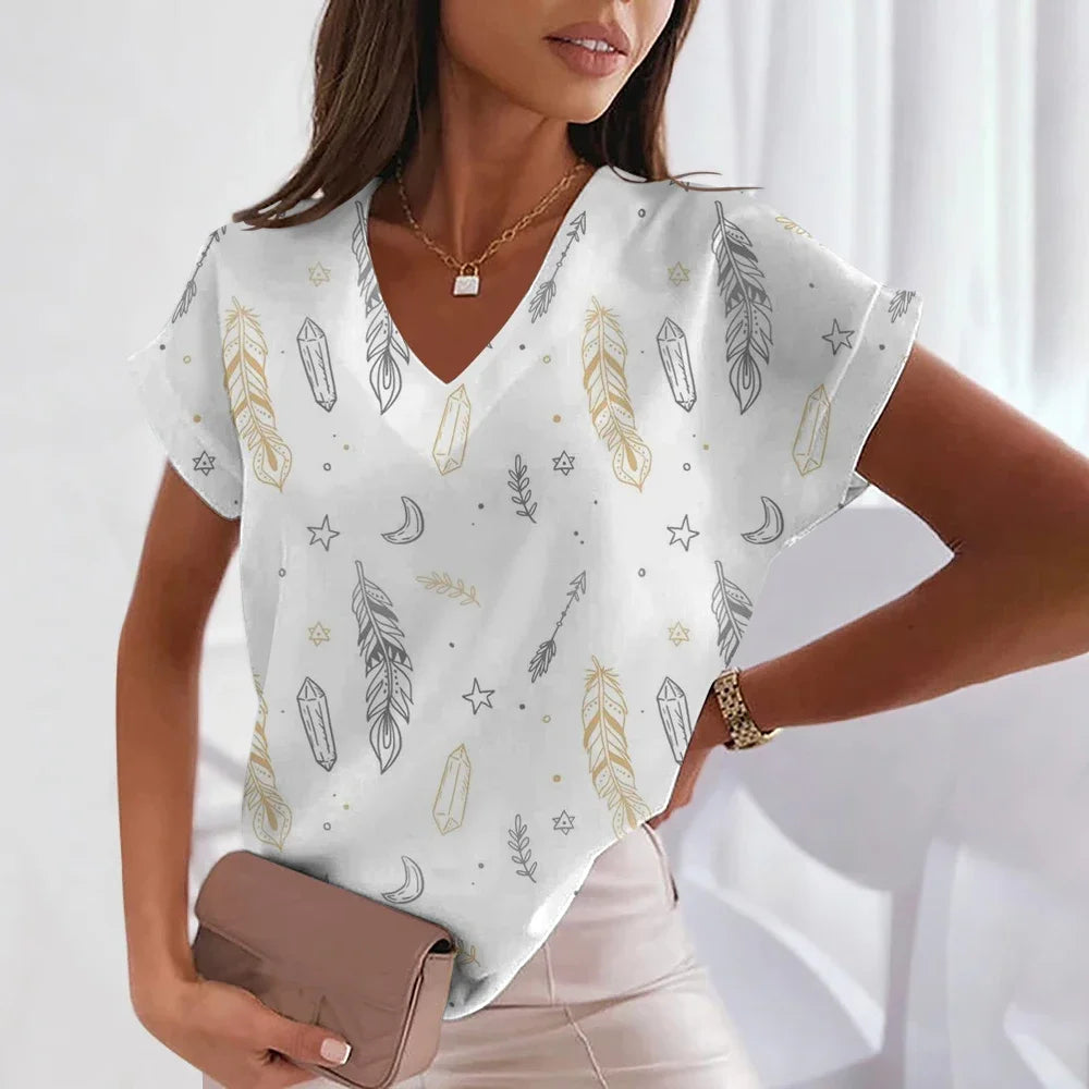 Women's 3D Feather Print V-Neck Tee – Trendy Y2K Fashion - Mugs and Threads 