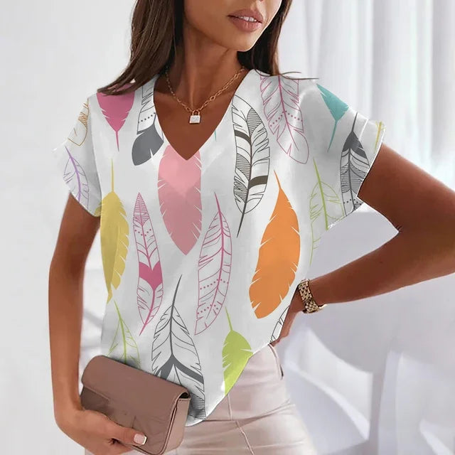 Women's 3D Feather Print V-Neck Tee – Trendy Y2K Fashion - Mugs and Threads 