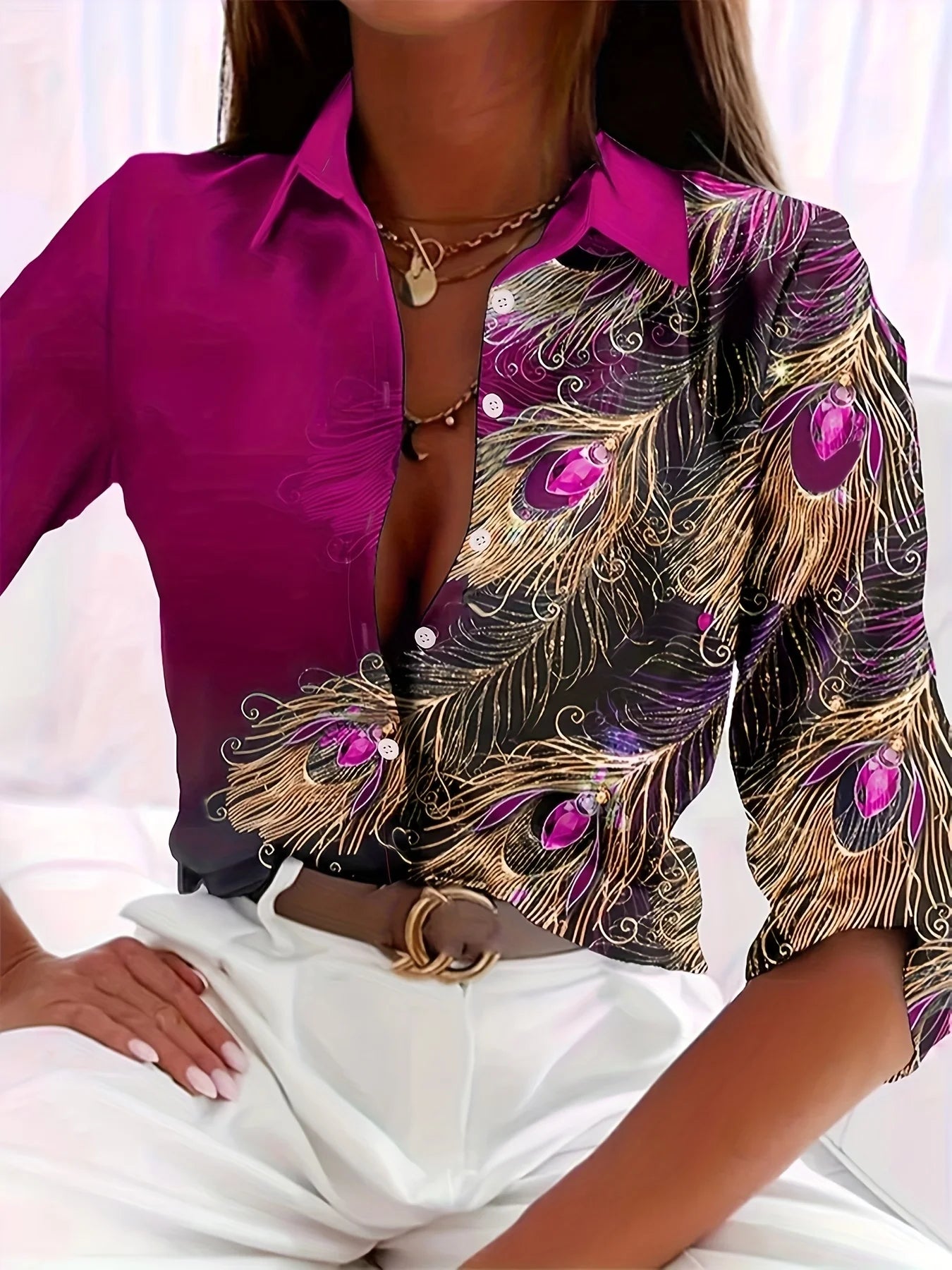 Women's Vintage Peacock Print Oversized Shirt – Elegant & Trendy for Fall - ( 2XL- 5XL) - Mugs and Threads 