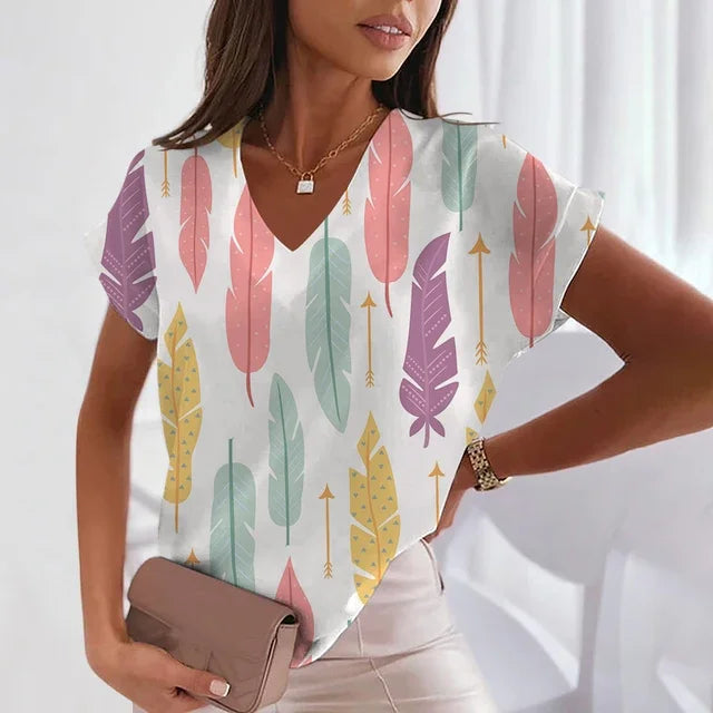 Women's 3D Feather Print V-Neck Tee – Trendy Y2K Fashion - Mugs and Threads 